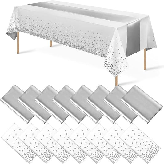 MASHAN 16Pack Disposable Plastic Tablecloths and Satin Table Runner Set White and Silver Dot Tablecloth Silver Satin Table Runner for Wedding Birthday Baby Shower Christmas New Year Party Decorations