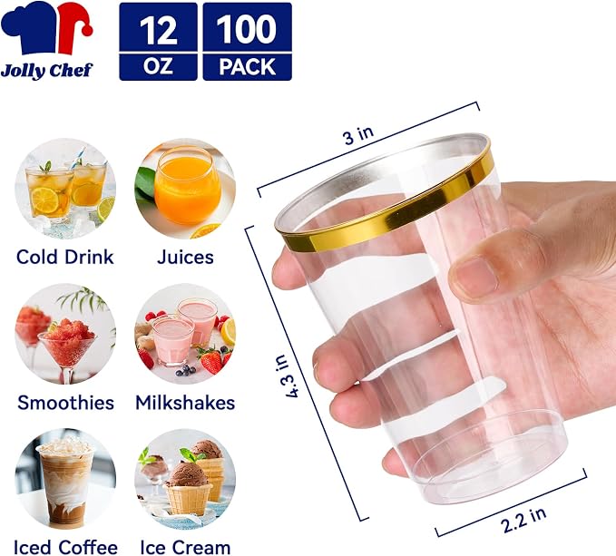 JOLLY CHEF 100 Pack Gold Plastic Disposable Cups, 12 oz Clear Plastic Cups Tumblers, Elegant Gold Rimmed Disposable Glasses for Wedding, Thanksgiving Day, Christmas