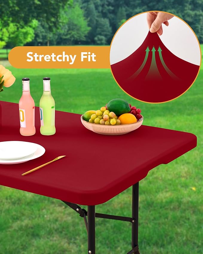 KeyWave Fitted Tablecloth Rectangle Table Cloths - 6 Pack 6 Foot Elastic Stretch Folding Table Top Cover Water-Resistant Reusable for Outdoor Picnic Camping Party Event, Red, 72" L x 30" W
