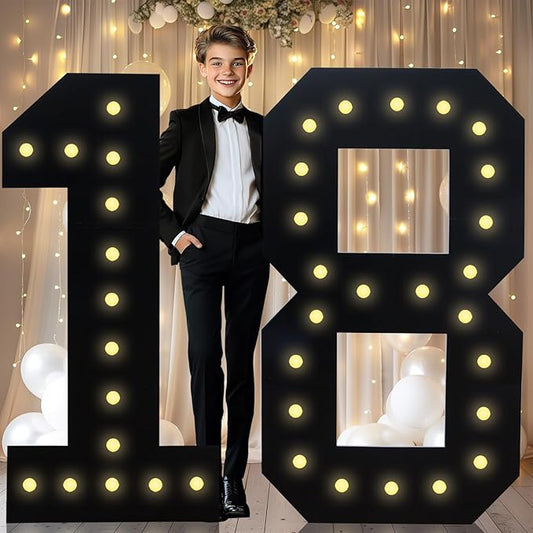 4FT Marquee Light Up Numbers, Black Giant Marquee Number Big Mosaic Number for 18th Birthday Party Decorations Boys Backdrop 18 Anniversary Decor, Pre-Cut Frame Large Number 18