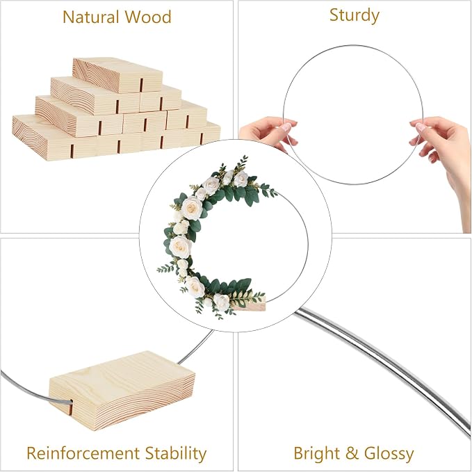 12Pcs 12 Inch Metal Floral Hoop Centerpiece With Stand for Table, Silver Center Pieces Decoration With Wood Base for DIY Wedding Decor Wall Hanging Crafts