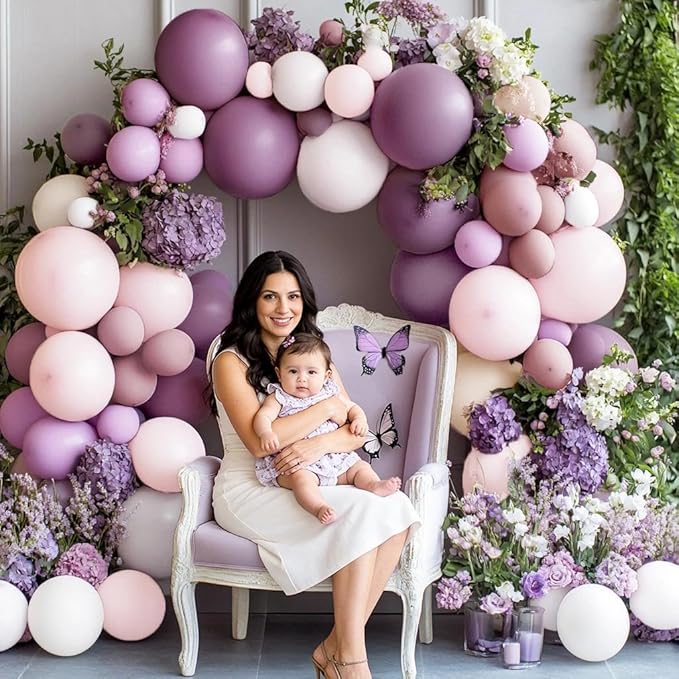 Purple Pink Balloon Arch Kit, Double Stuffed Pastel Pink Lavender White Beige Balloon Garland Dusty Light Lilac Cream Balloons for Birthday Baby Shower Wedding Butterfly Flower Mothers Day Party Decor