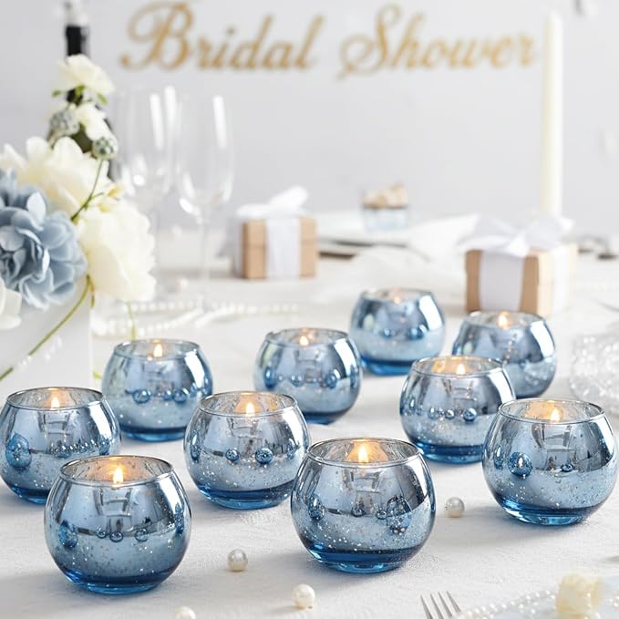 12 Pcs Blue Votive Candle Holders- Blue Centerpieces for Tables, Round Mercury Glass Candle Holder for Bridal Shower Decorations, Wedding Decor
