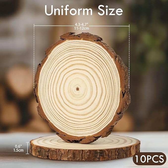 Unfinished Natural Wood Slices for Crafts - 10 Pcs Natural Round Discs Rustic Wood Slices 4.3-4.7 Inch Wooden Tree Bark Discs for DIY Decoration Table Base Wedding Ornaments Coasters Home Decor