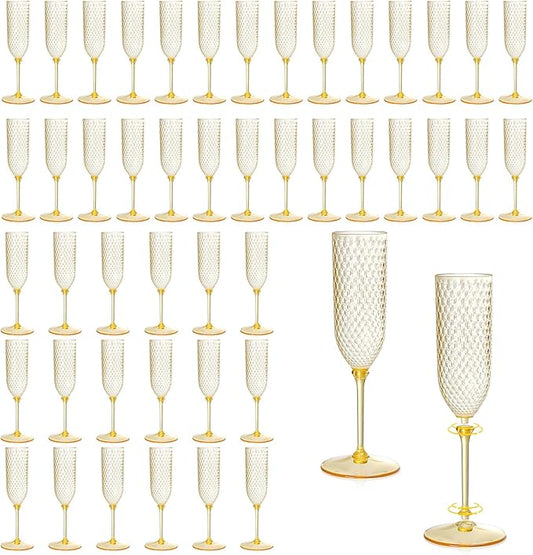 XUWAIDSGN 48 Pack Amber Detachable 2 piece Champagne Flutes 5.5 Oz Unbreakable Plastic Mimosa Disposable Champagne Glasses Drinking Cups Stemmed Reusable Wine Toasting Glasses for Wedding