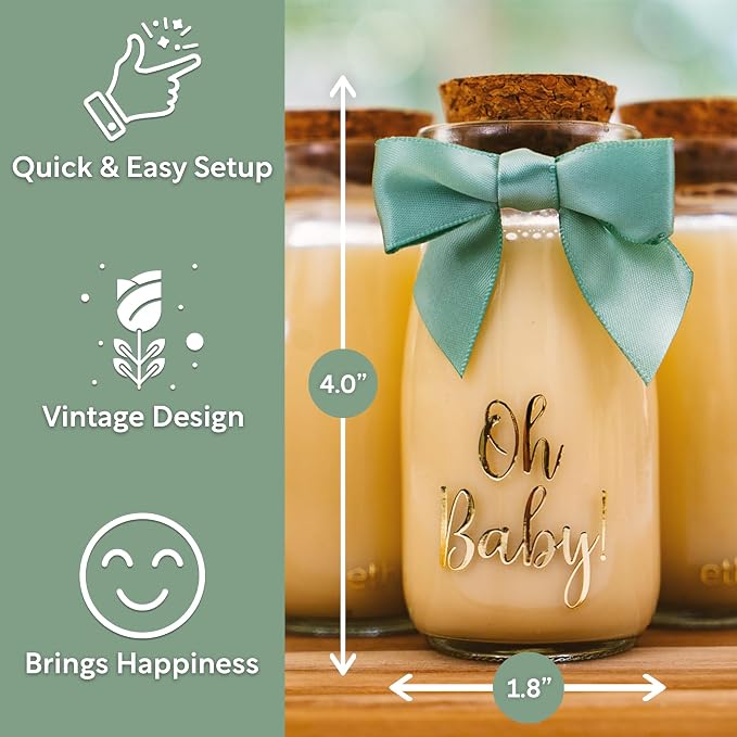 Ethisa 96 Pack Oh Baby Woodland Milk Glass Bottles with Ribbons and Stickers - Vintage Baby Shower Favors for Guests and Table Centerpieces - Gender Neutral Eucalyptus Decorations - Safari Theme