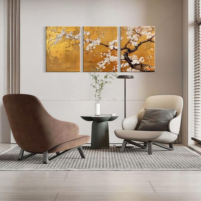 3 Pcs Framed Japanese Golden Plum Blossom Flower Wall Art Decor Canvas Print Picture Traditional Woodblock Print Style Farmhouse Poster Gallery Bedroom Living Room Office 12x16 Inch Ready to Hang