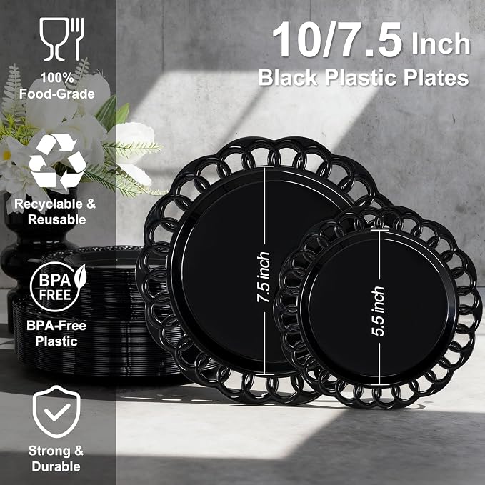 COLOSUS 60pcs Black Plastic Plates Set,Fancy Baroque Plates,Elegant Lace Rim Disposable Plates,Plastic Plate for Party include 30 Dinner plates and 30 Dessert plates for New Year,Party,Wedding