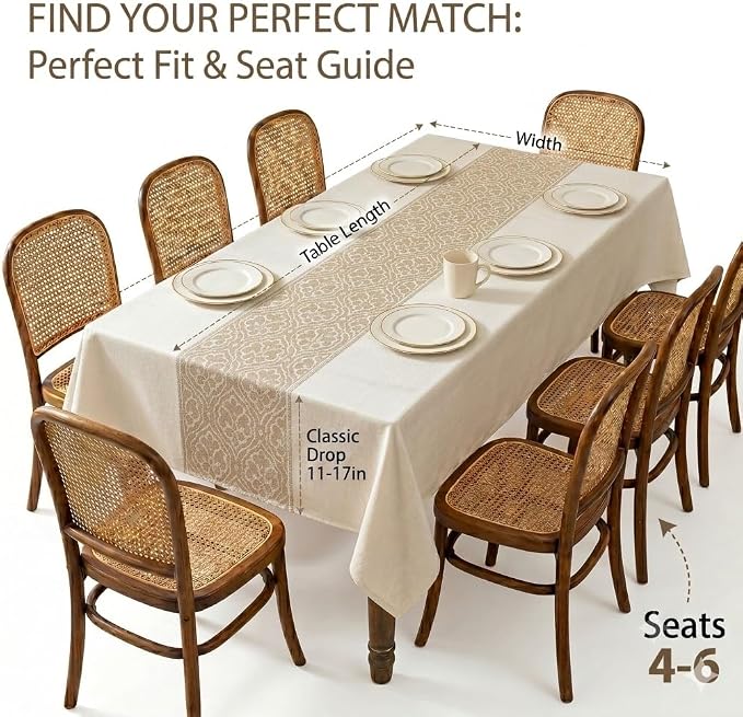 Boho Faux Linen Tablecloth, Rectangle Vintage Geometric Cover | Spillproof & Wrinkle Free Minimalist Center Table Cloth for Farmhouse Kitchen Dining Room Decor