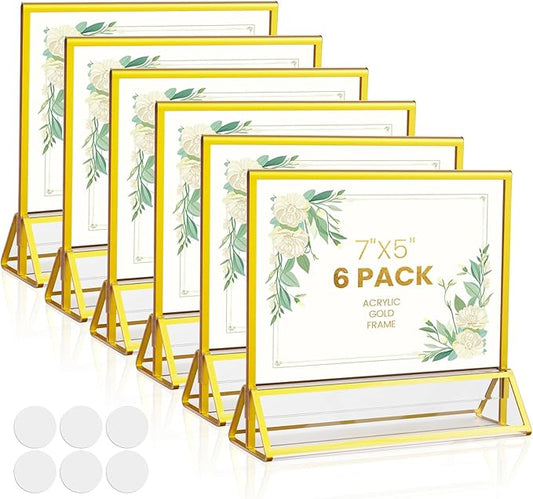 Acrylic Sign Holder 5X7 Horizontal Gold Frames Double-Sided Gold Picture Frames for Menu Holder Wedding Table Number Holder Christmas Photo Frame with Removable Sticky Dots -6 Pack