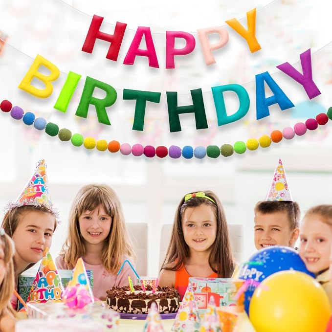 Bosctanuc 118 Inch Pre Strung Happy Birthday Banner, Felt Ball Garland Happy Birthday Garland, Rainbow Birth Day Decor Party Favor, Multi-Color String Balls, Resuable Rainbow Banner