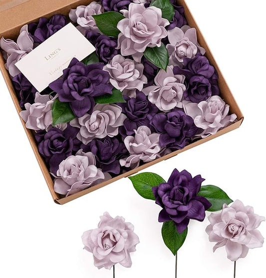 Ling's moment Flowers 25pcs Fake Gardenia Lilac & Purple Flowers Artificial Flowers with Stem, Fake Flower for DIY Wedding Decorations Centerpieces Bouquets Boutonnieres