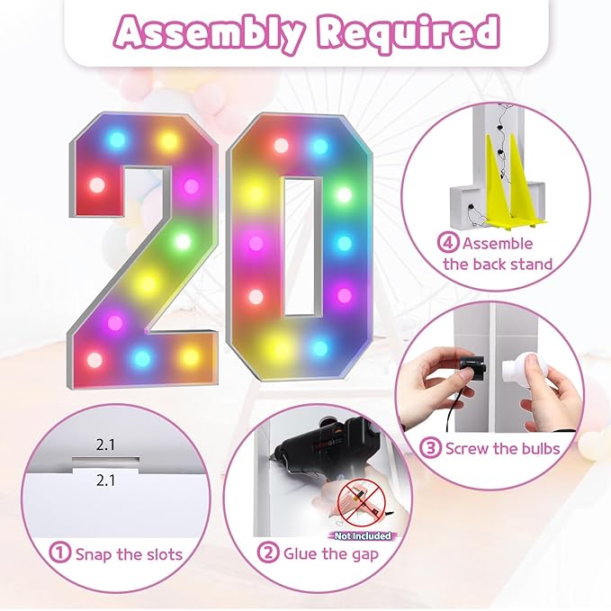 Marquee Numbers Colorful 20th Birthday Decoration: 4FT Large Light Up 20 Year Old Birthday Decorations Anniversary Backdrop Cardboard Sign 18 Colors Number 20 Mosaic Balloon Frame
