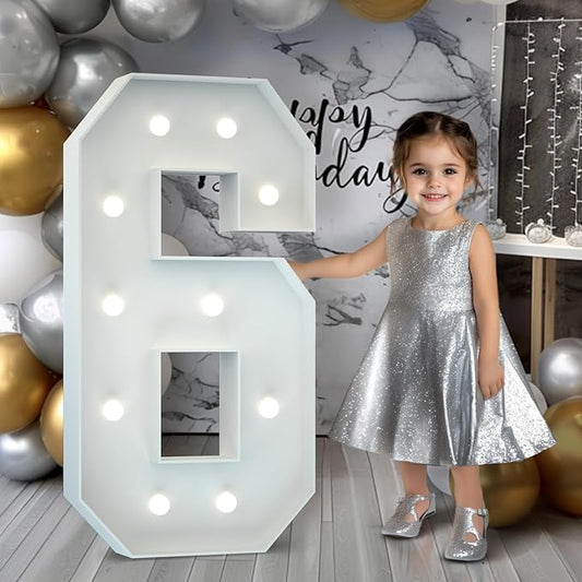 Marquee Numbers 4 Feet Tall: Large 6th 16th 60th Birthday Decorations for Her Him 4FT Light Up Numbers White Anniversary Party Decor Big Backdrop Foam Cardboard Number 6