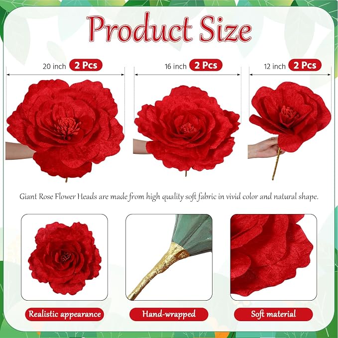 Norme 6 Pcs Derby Day Giant Flowers for Decoration 12, 16, 20 Inch Large Artificial Rose Petals Giant Flowers Large Red Peony for Wedding Arch Decoration, Home Decor, Anniversary Birthday