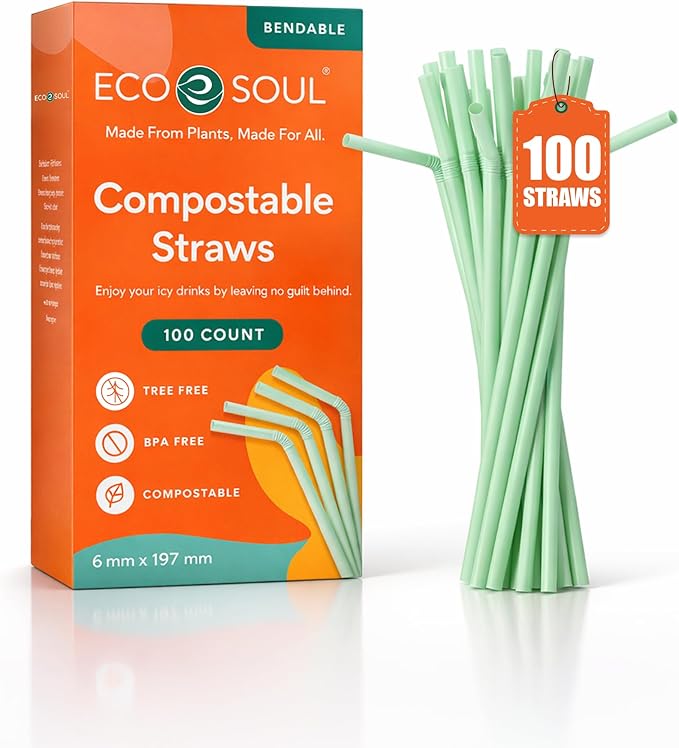 ECO SOUL Straws [100 Count][8.25"] Eco-Friendly Disposable Straws, Cocktail Cold Drink Smoothie Bendable