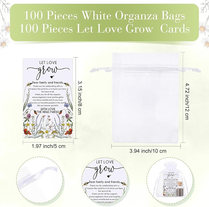 Jinei 100 Sets Let Love Grow Wedding Favor for Guests 100 Small Glass Bottles with Cork Stopper 100 Wedding Thank Cards and 100pcs Organza Bags, No Seeds
