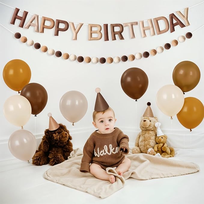 Kriyokiaa Pre-Strung Felt Happy Birthday Banner Retro Brown Happy Birthday Party Decorations with Party Hats for Stuffed Animals, Pom Pom Garland and Balloons for Women Men Boys Girls Party Decor