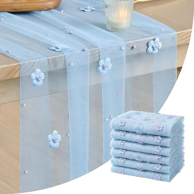 Artoid Mode Blue Flower Pearl Blue Gauze Table Runner 10FT 6PC, Seasonal Sheer Dining Holiday Wedding Birthday Baby Shower Table Decor for Home Party