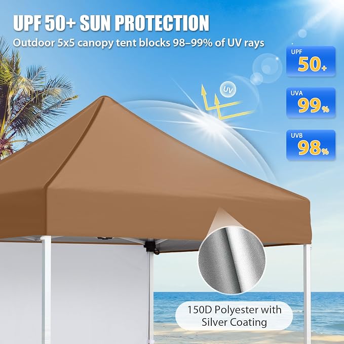 EAGLE PEAK Pop up Canopy 5x5, Outdoor Portable Canopy Tent with One Removable Sunwall, Carry Bag Included, Khaki