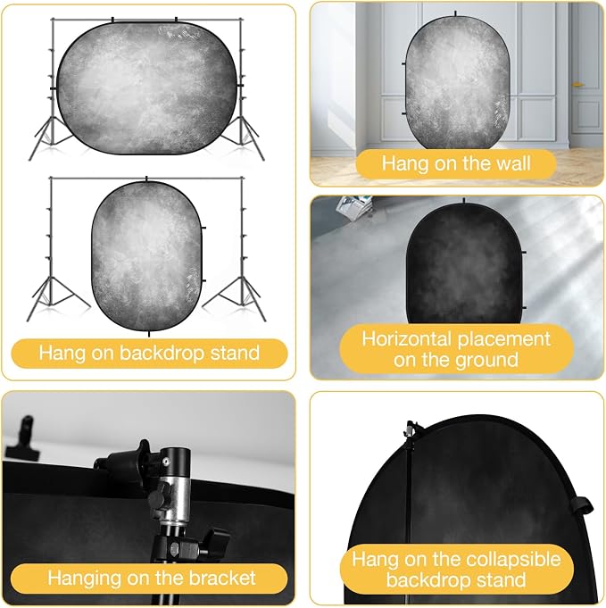 Kate 5x6.5ft(1.5x2m) Collapsible Backdrop Folded Microfiber Professional Grey and Black Double-Sided Pop up Collapsible Background for Photography