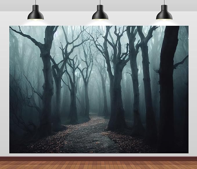 Haunted Mist Forest Backdrop 10x8ft Fabric Creepy Scene Dark Pathway Scary Trees Spooky Foggy Woods Background for Halloween Birthday Party Decorations Witch Photo Booth Studio Props