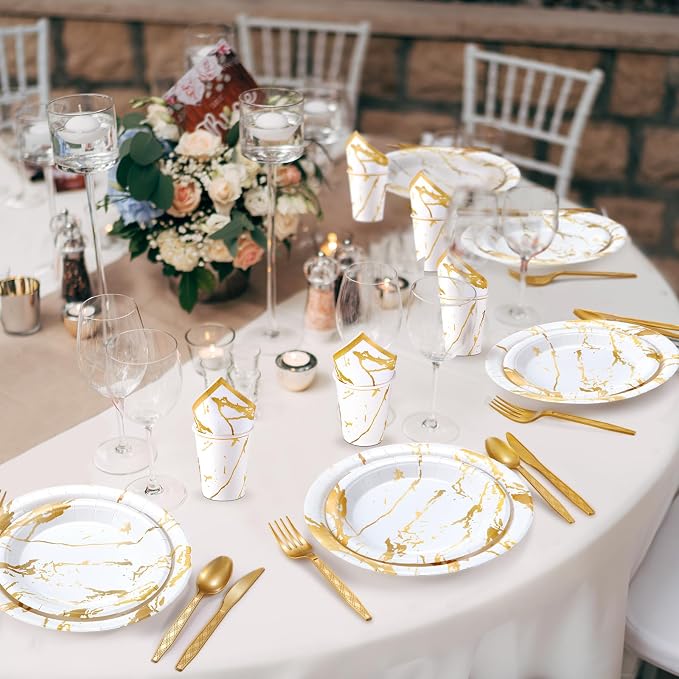 Bokon 350 Pcs Gold White Party Supplies Disposable Dinnerware Set Include 100 Plates 50 9 oz Paper Cup 50 Sets Spoon Fork Knives 50 Napkin for 50 Guests Wedding Birthday Valentines Party Decoration