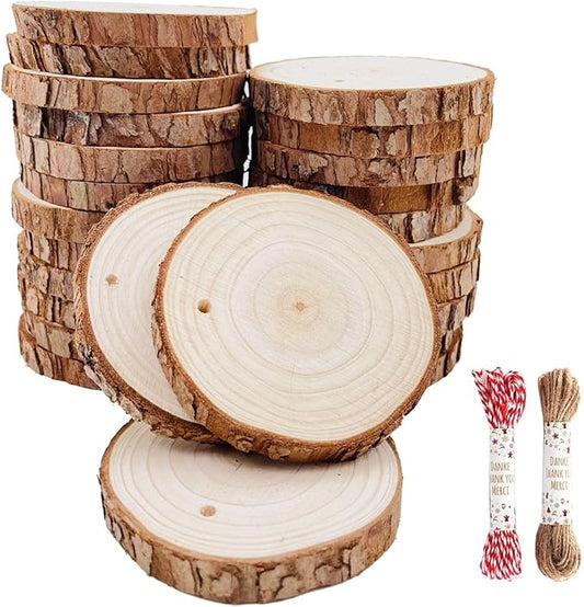 Unfinished Natural Wood Slices 30Pcs 2.75-3.1 inch Wood Coaster Pieces Craft Wood kit Predrilled with Hole Wooden Circles Great for Arts and Crafts Christmas Ornaments DIY Crafts Rustic Wedding
