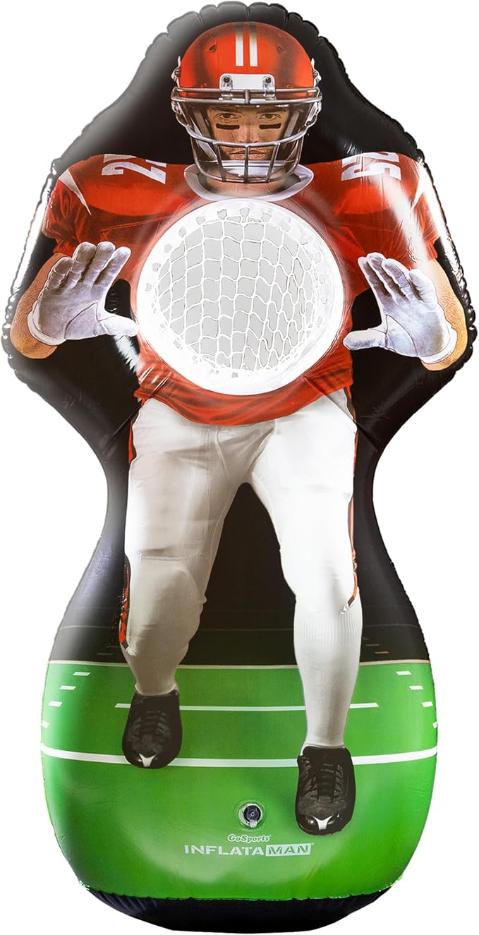GoSports Inflataman Football Challenge - Includes 4 Rubber Footballs, Ball Pump, and Scoreboard - Inflatable Receiver Touchdown Toss Game