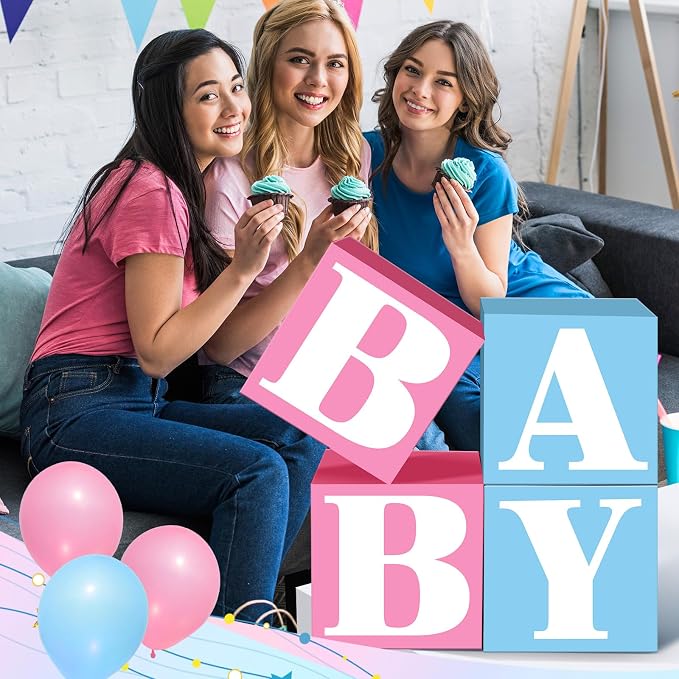 AmazingSpark 4 Pcs Gender Reveal Decorations Baby Boxes with Letters Baby Gender Reveal Pink and Blue Box Decor with Letters B A B Y Blocks Design for Party Backdrop
