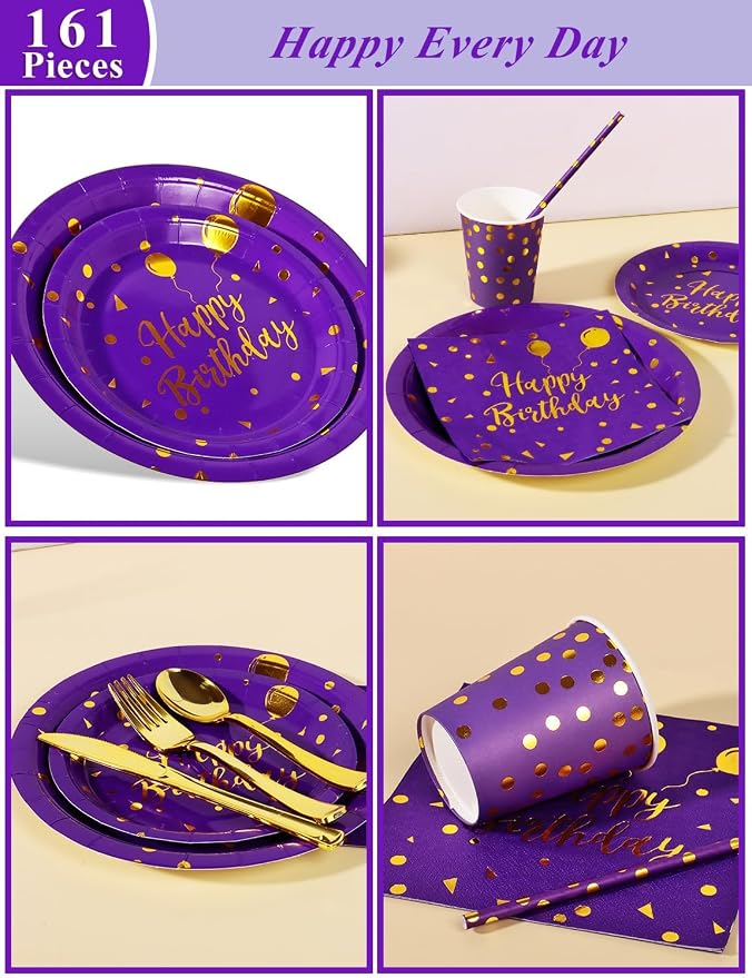 Nkaiso Birthday Party Tableware, 161 Pieces Purple Gold Party Supplies, Dinnerware Sets Include Paper Plates Napkins Cups Silverware, for Shower Engagement Parties Decoration -20 Serves