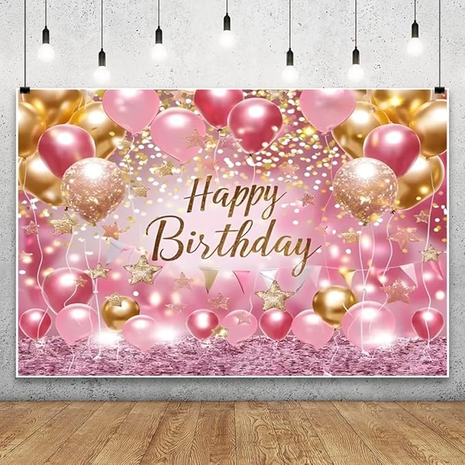 Leowefowa Pink and Balloons Gold Glitter Happy Birthday Theme Photo Backdrops 12x8ft Vinyl Girl Sweet Princess Birthday Party Decor Cake Table Supplies Photography Background Photo Booth Props