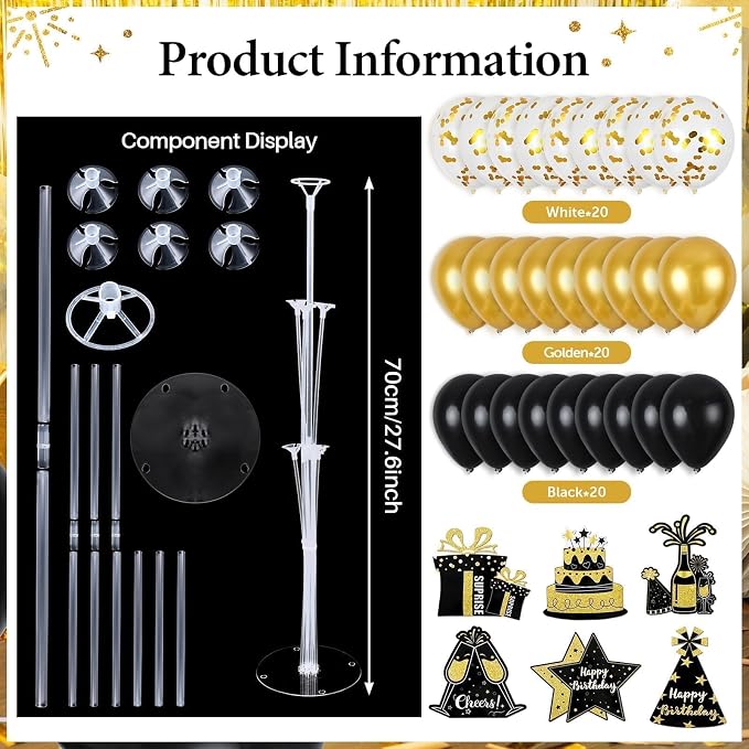 6 Sets Birthday Balloon Stand Kit for Table Happy Birthday Black Gold Balloon Centerpiece Decor Black and Gold Balloon Stand Kit for 40th 50th 60th 70th Birthday Party Decoration