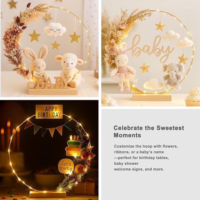 12 Pack Floral Hoop with Stand and LED Fairy Lights 10 inch Metal Rings for DIY Centerpiece Table Decorations Crafts Macrame Rings Hoop Wreath Dream Catcher Rings Wedding Christmas Wreaths, Gold