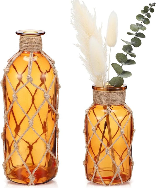 Chuangdi Set of 2 Coastal Glass Vases for Flowers TSITP Flower Vase with Boho Rope Small Sea Glass Jar Nautical Beach Bottle for Wedding Table Centerpieces Floral Arrangement Decor(Amber)