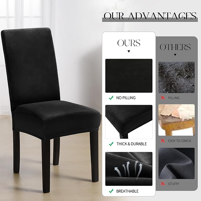 MOSAYT Velvet Stretch Chair Covers for Dining Room Set of 6 - Soft Slipcovers with Thick Removable Fabric for Parsons Chairs, Washable Seat Protectors for Kitchen, Banquet & Home Decor, Black