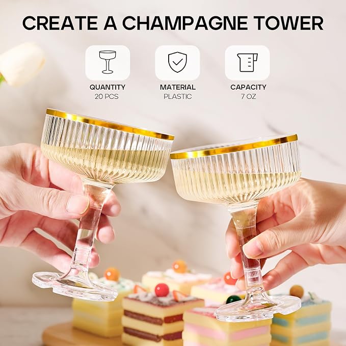 20 Pack Plastic Champagne Tower, 7oz Champagne Coupe glasses Unbreakable Plastic Cocktail Glasses Acrylic Martini Glasses for Wedding Birthday Party Bar, Gold