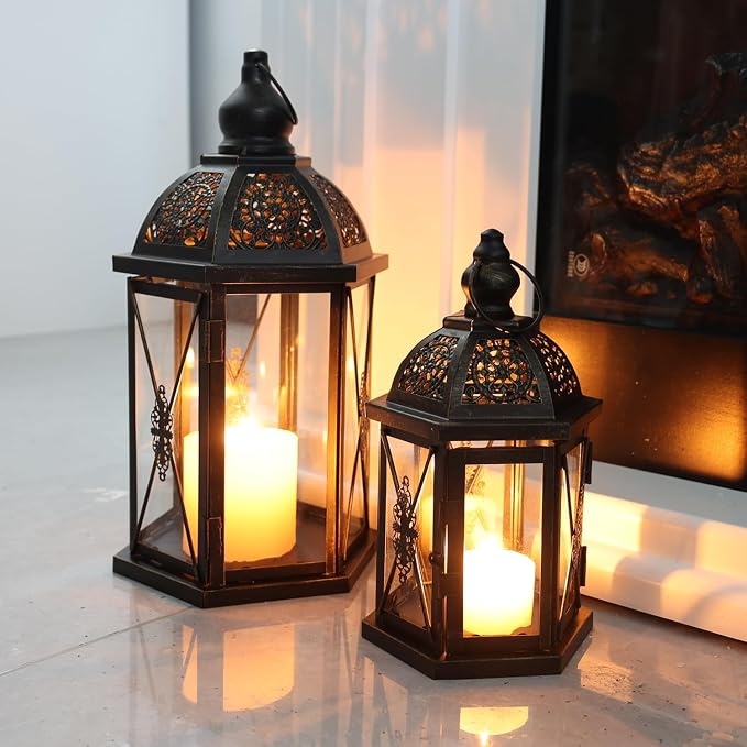 Large Lantern Decorative Outdoor & Indoor, Set of 2 (15’’&10’’) Metal Candle Lanterns Decor, Vintage Hanging Candle Holder for Front Porch Patio Wedding Farmhouse Home, Spring Decoration
