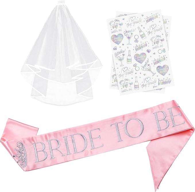 Elegant Bride to Be Sash Set – Embroidered Sash, Plain Veil & Temporary Tattoos – Bridal Shower Hen Night Bachelorette Party Accessories