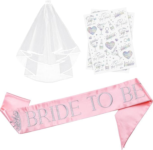 Elegant Bride to Be Sash Set – Embroidered Sash, Plain Veil & Temporary Tattoos – Bridal Shower Hen Night Bachelorette Party Accessories