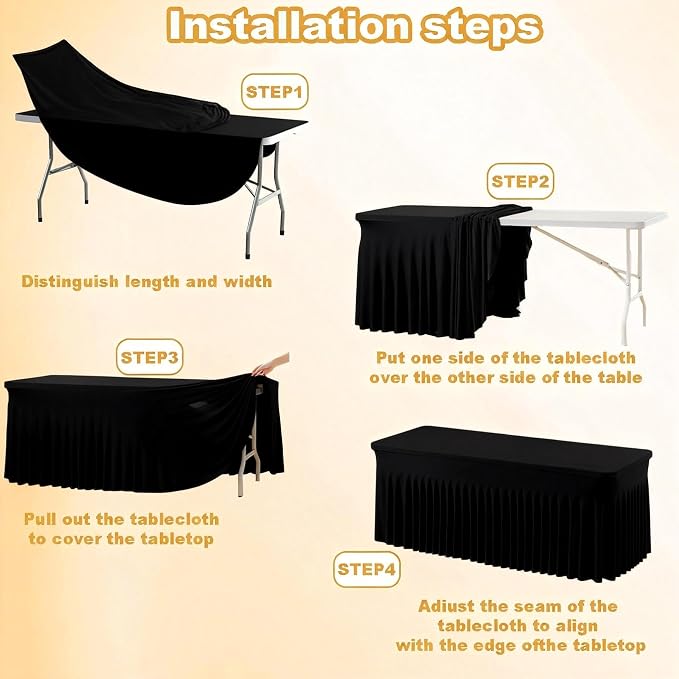 WJWHQ 5 Pack Black Spandex Tablecloths, Stretch Fitted 6ft Table Cover (120 Inch) with Skirt, Wrinkle Free for Weddings, Parties, Banquets, Dining Fits 6 Foot Rectangle Tables