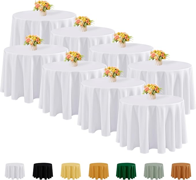 Fitable 8 Pack White Table Cloths 120 Inch Round - Stain Resistant and Washable Tableclothes, Polyester Fabric Table Covers for Wedding, Party, Banquet, Formal Events