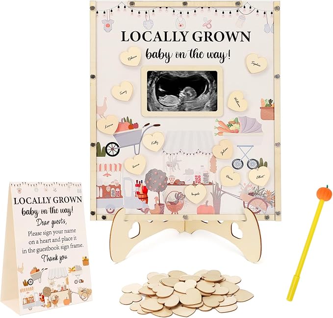 Locally Grown Baby Shower Decorations,Farmers Market Baby Shower Guest Book Alternatives with Pumpkin Pen,Photo Frame and 60 Heart Wood Slices for 60 Guests,Gender Reveal Decorations