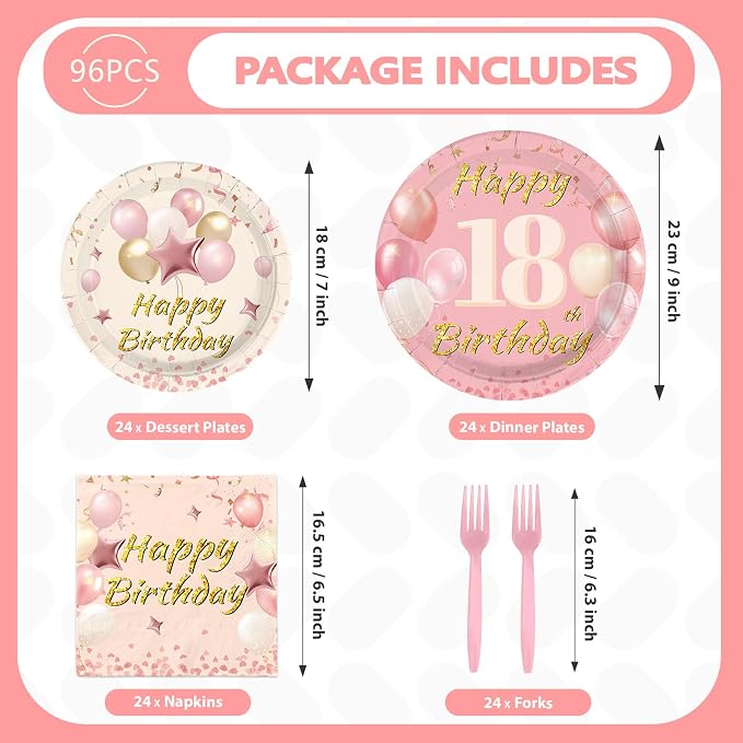 96Pcs Blush Beige 18th Birthday Decorations Boho Dusty Pink Plates and Napkins Disposable Pink Rose Gold 18 Happy Birthday Tableware Set for Girls 18 Years Old Party Supplies, Serves 24