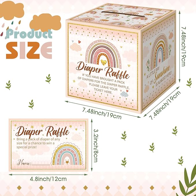 Teling 51 Pieces Diaper Raffle Tickets with Card Box Baby Shower Decorations Baby Shower Holder Box for Girl Boy Diaper Raffle Party (Rainbow)