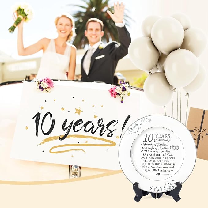 Urllinz 10th Anniversary Plate with Platinum Foil Decorations - 10 Year Wedding Tin Gifts for Her Couples Wife Him Husband, Ceramic 9"