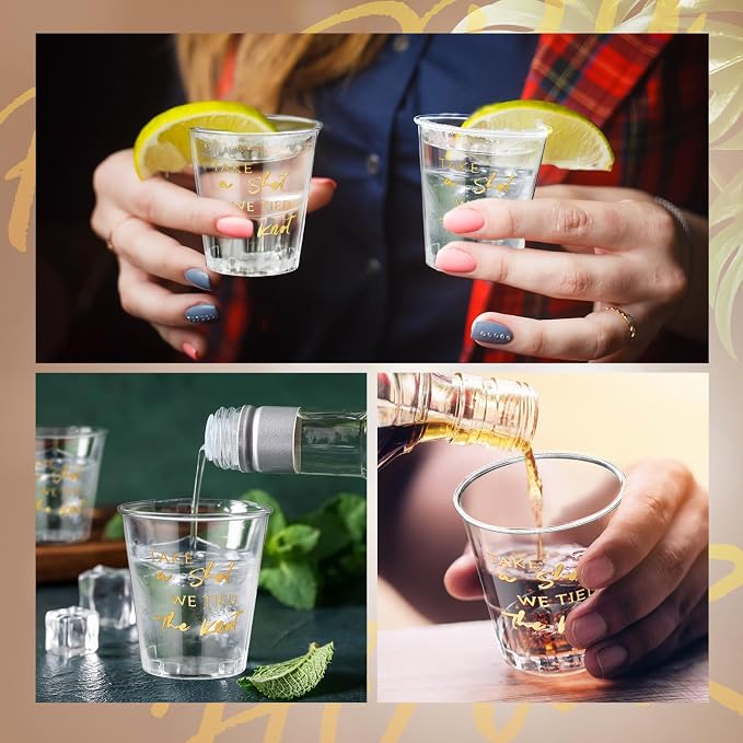 Domensi 200 Pieces Plastic Shot Clear Glasses 2 oz Take a Shot We Tied The Knot Disposable Mini Glasses Bulk Wedding Favors Cup for Weddings, Bridal Showers, Engagement Parties(Gold)