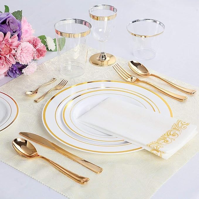 WDF 200 Pack Gold Plastic Cups - 9 Oz Elegant Clear Plastic Cups Gold Rimmed - Fancy Disposable Party Cup Wedding Cup Drinking Tumblers Cocktail Glasses for Thanksgiving