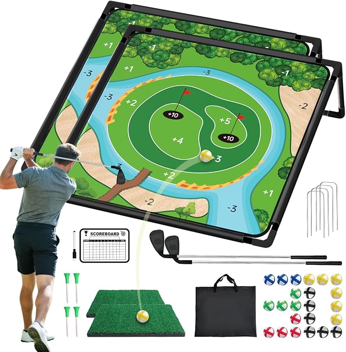 2 Pack Golf Chipping Game - Portable Golf Practice Set for Indoor & Outdoor Lawn Play! Enjoy Backyard, Beach & Office Parties - Fantastic Golf Gifts for Men+ 2Golf Clubs