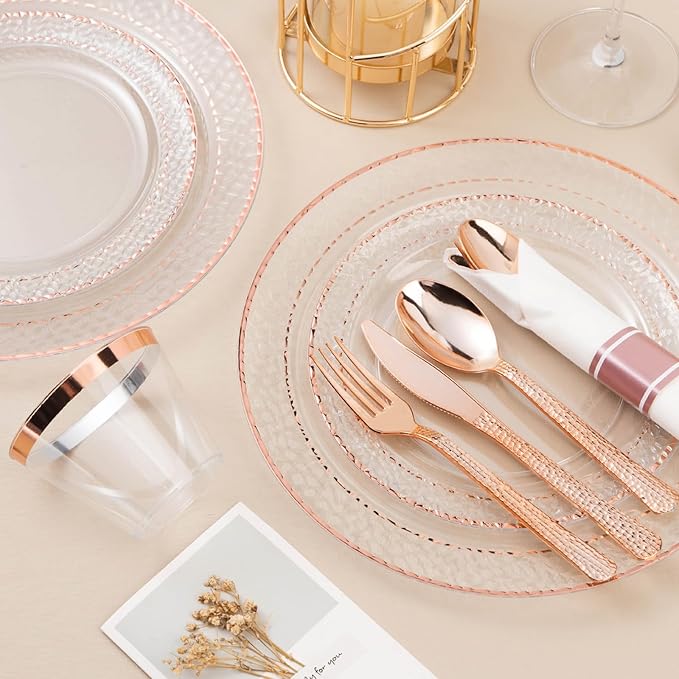 Bestluck 350PCS Clear Plastic Plates with Rose Gold Trim for 50 Guests, Disposable Dinnerware Set for Party, Wedding, Include 100 Plastic Plates, 50 Pre Rolled Napkins with Silverware, 50 Cups
